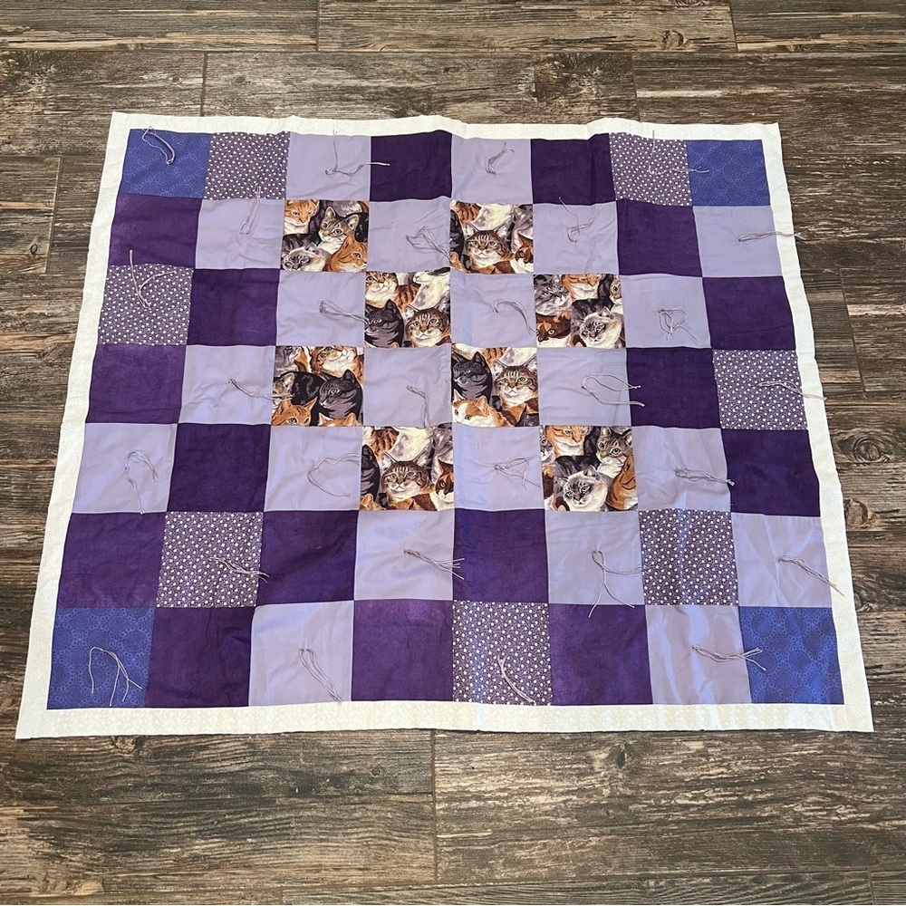Cat Patchwork Tie Quilt Throw Mini Purple